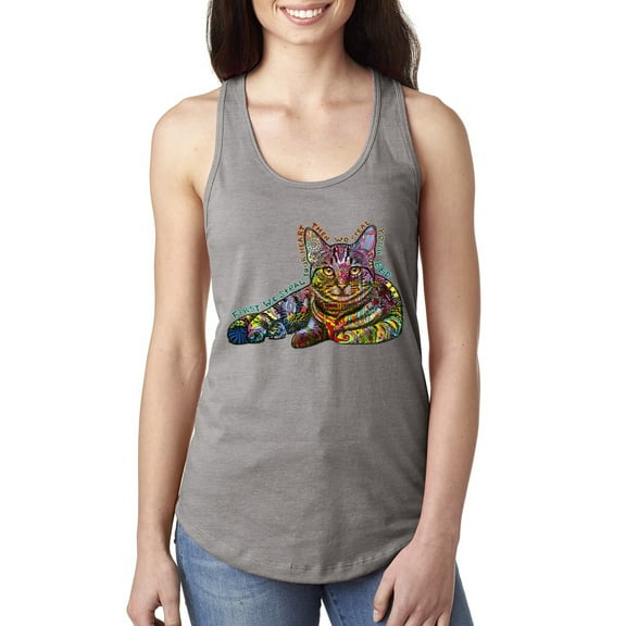 First We Still Your Heart Then Your Bed | Funny Neon Colorful Cat | Dean Russo Art Animal Lover Ladies Racerback Tank Top, Heather Grey, Small