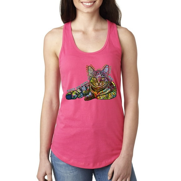 First We Still Your Heart Then Your Bed | Funny Neon Colorful Cat | Dean Russo Art Animal Lover Ladies Racerback Tank Top, Hot Pink, Small