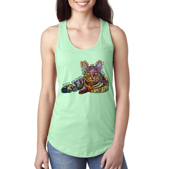 First We Still Your Heart Then Your Bed | Funny Neon Colorful Cat | Dean Russo Art Animal Lover Ladies Racerback Tank Top, Mint, Large