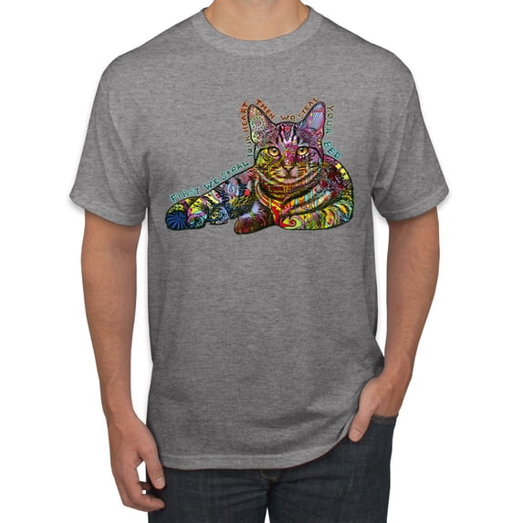 First We Still Your Heart Then Your Bed | Funny Neon Colorful Cat | Dean Russo Art Animal Lover Men's T-Shirt, Heather Grey, 3X-Large