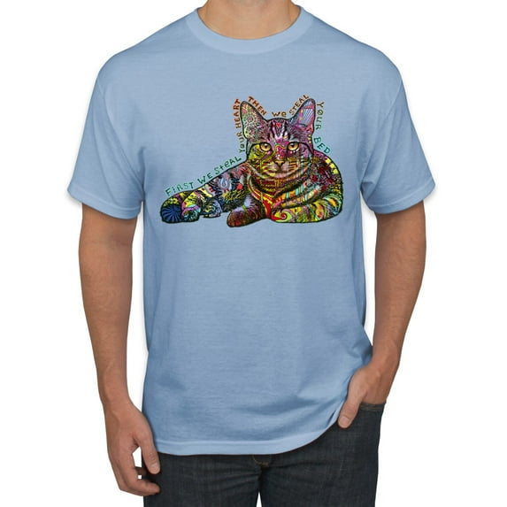 First We Still Your Heart Then Your Bed | Funny Neon Colorful Cat | Dean Russo Art Animal Lover Men's T-Shirt, Light Blue, Large
