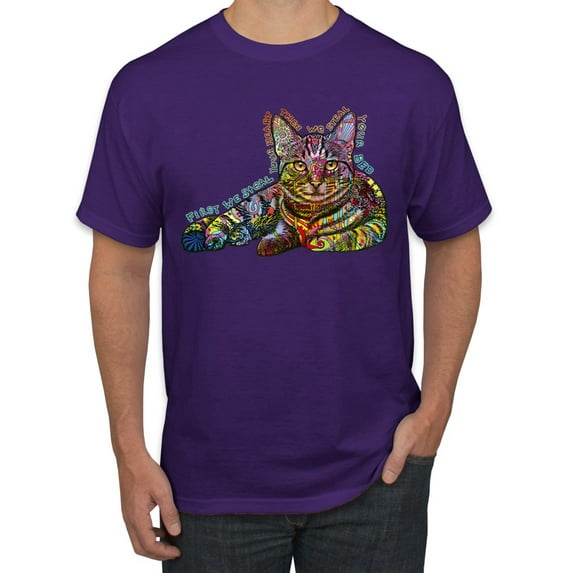 First We Still Your Heart Then Your Bed | Funny Neon Colorful Cat | Dean Russo Art Animal Lover Men's T-Shirt, Purple, Large