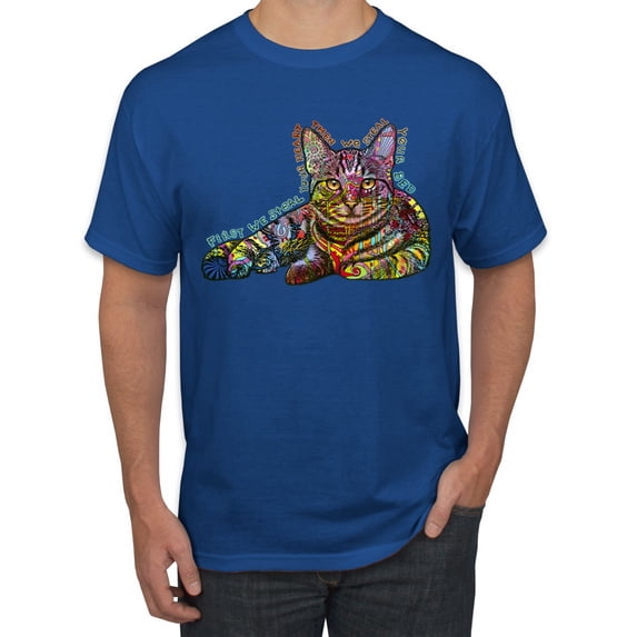 First We Still Your Heart Then Your Bed | Funny Neon Colorful Cat | Dean Russo Art Animal Lover Men's T-Shirt, Royal, 3X-Large
