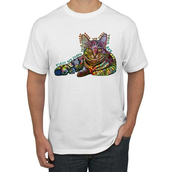First We Still Your Heart Then Your Bed | Funny Neon Colorful Cat | Dean Russo Art Animal Lover Men's T-Shirt, White, Medium