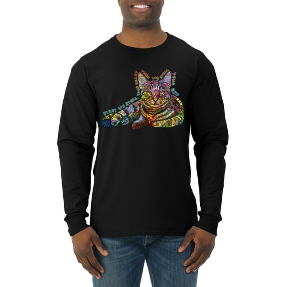 First We Still Your Heart Then Your Bed | Funny Neon Colorful Cat | Dean Russo Art Animal Lover Mens Long Sleeve Shirt, Black, Medium