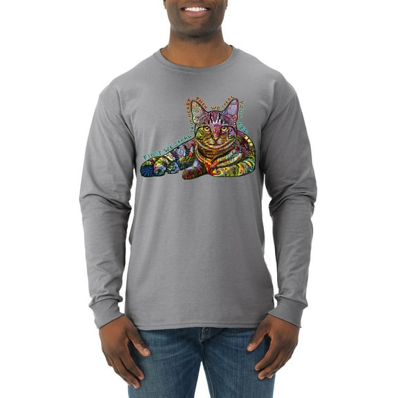 First We Still Your Heart Then Your Bed | Funny Neon Colorful Cat | Dean Russo Art Animal Lover Mens Long Sleeve Shirt, Heather Grey, Small
