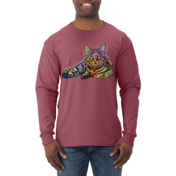 First We Still Your Heart Then Your Bed | Funny Neon Colorful Cat | Dean Russo Art Animal Lover Mens Long Sleeve Shirt, Vintage Heather Red, 3X-Large