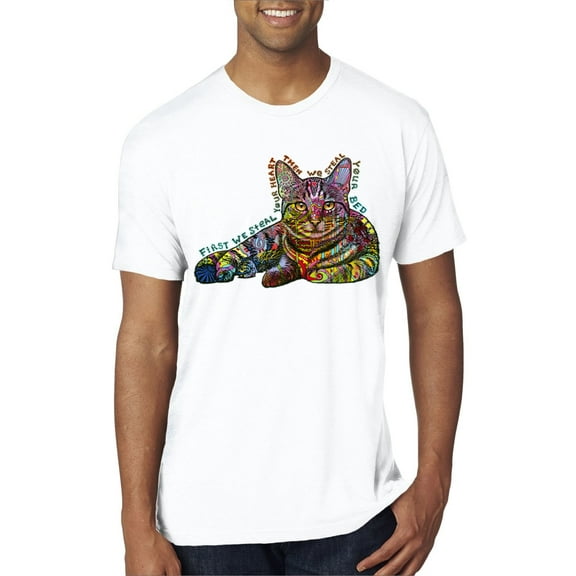First We Still Your Heart Then Your Bed | Funny Neon Colorful Cat | Dean Russo Art Animal Lover Mens Premium Tri Blend T-Shirt, True White, X-Large