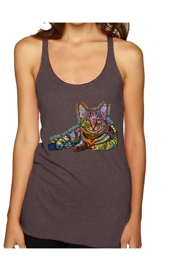 First We Still Your Heart Then Your Bed | Funny Neon Colorful Cat | Dean Russo Art Animal Lover Tri-Blend Racerback Tank Top, Brown, X-Large