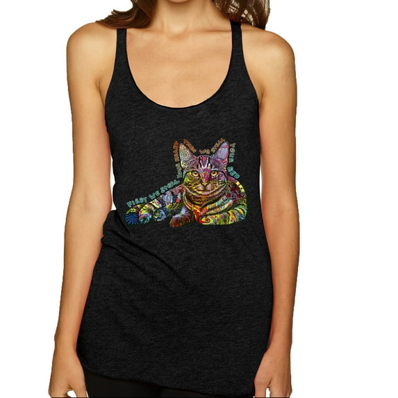 First We Still Your Heart Then Your Bed | Funny Neon Colorful Cat | Dean Russo Art Animal Lover Tri-Blend Racerback Tank Top, Vintage Black, Medium