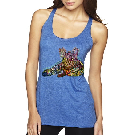 First We Still Your Heart Then Your Bed | Funny Neon Colorful Cat | Dean Russo Art Animal Lover Tri-Blend Racerback Tank Top, Vintage Royal, Large