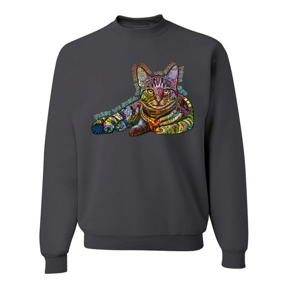 First We Still Your Heart Then Your Bed | Funny Neon Colorful Cat | Dean Russo Art Animal Lover Unisex Crewneck Sweatshirt, Charcoal, X-Large