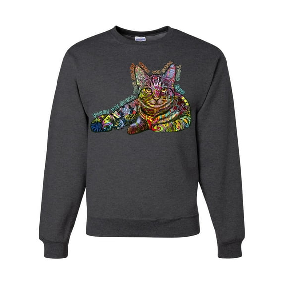 First We Still Your Heart Then Your Bed | Funny Neon Colorful Cat | Dean Russo Art Animal Lover Unisex Crewneck Sweatshirt, Heather Black, Medium