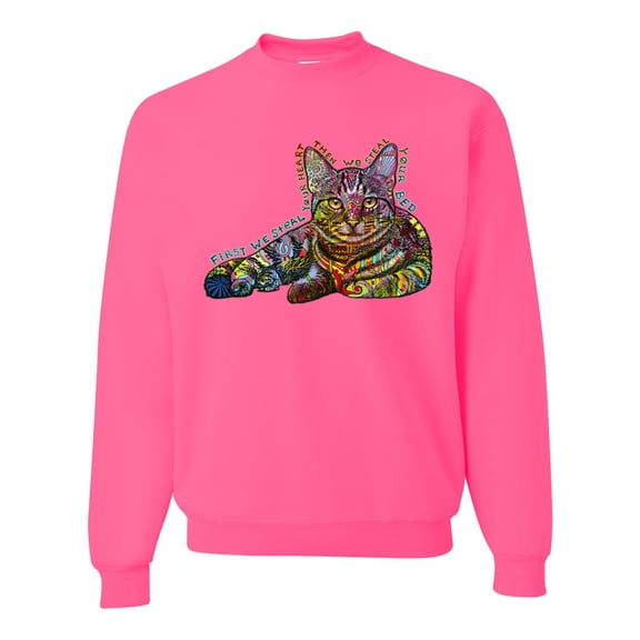 First We Still Your Heart Then Your Bed | Funny Neon Colorful Cat | Dean Russo Art Animal Lover Unisex Crewneck Sweatshirt, Neon Pink, XX-Large