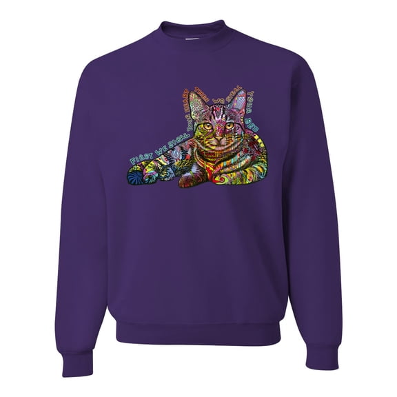 First We Still Your Heart Then Your Bed | Funny Neon Colorful Cat | Dean Russo Art Animal Lover Unisex Crewneck Sweatshirt, Purple, Small