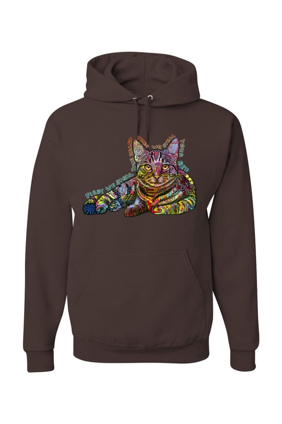 First We Still Your Heart Then Your Bed | Funny Neon Colorful Cat | Dean Russo Art Animal Lover Unisex Hoodie Sweatshirt, Brown, X-Large