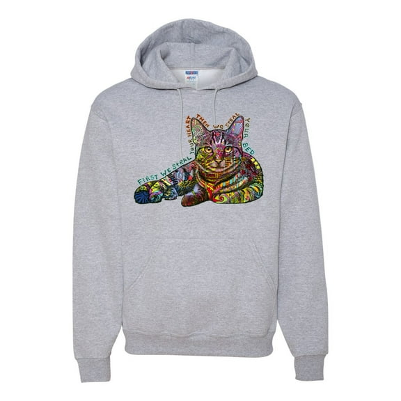 First We Still Your Heart Then Your Bed | Funny Neon Colorful Cat | Dean Russo Art Animal Lover Unisex Hoodie Sweatshirt, Heather Grey, Medium