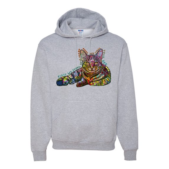 First We Still Your Heart Then Your Bed | Funny Neon Colorful Cat | Dean Russo Art Animal Lover Unisex Hoodie Sweatshirt, Heather Grey, Small