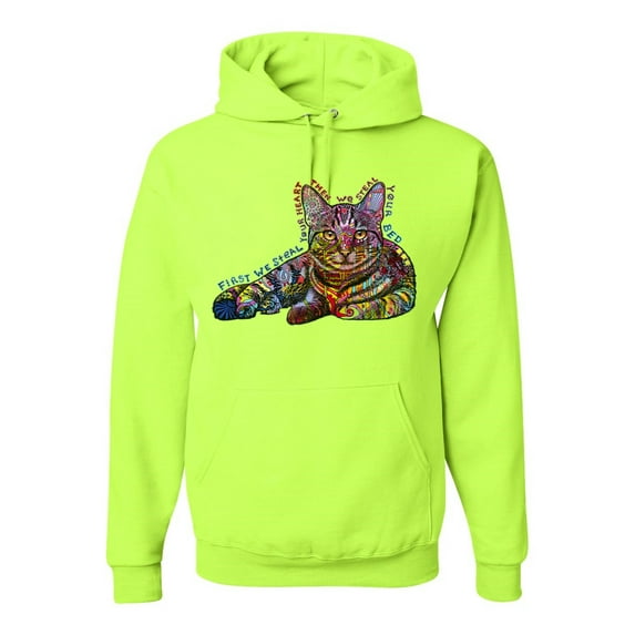 First We Still Your Heart Then Your Bed | Funny Neon Colorful Cat | Dean Russo Art Animal Lover Unisex Hoodie Sweatshirt, Safety Green, X-Large