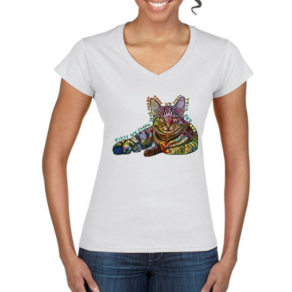 First We Still Your Heart Then Your Bed | Funny Neon Colorful Cat | Dean Russo Art Animal Lover Women’s Standard V-Neck Tee, White, XX-Large