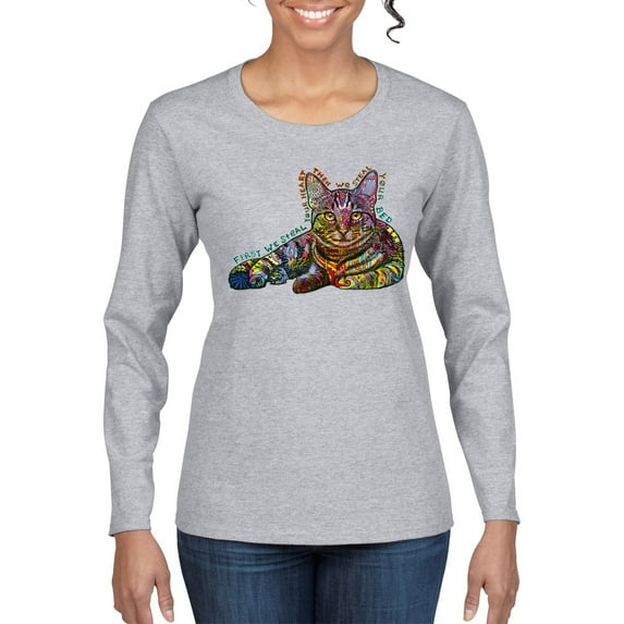 First We Still Your Heart Then Your Bed | Funny Neon Colorful Cat | Dean Russo Art Animal Lover Womens Long Sleeve T-Shirt, Heather Grey, Small