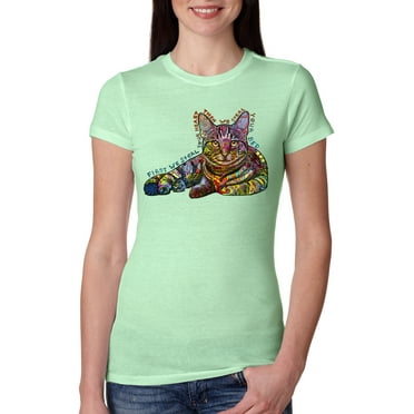 First We Still Your Heart Then Your Bed | Funny Neon Colorful Cat | Dean Russo Art Animal Lover Womens Slim Fit Junior Tee, Mint, Large