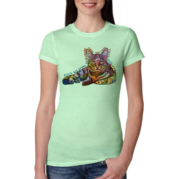 First We Still Your Heart Then Your Bed | Funny Neon Colorful Cat | Dean Russo Art Animal Lover Womens Slim Fit Junior Tee, Mint, Large