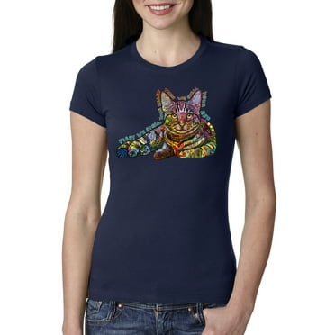 First We Still Your Heart Then Your Bed | Funny Neon Colorful Cat | Dean Russo Art Animal Lover Womens Slim Fit Junior Tee, Navy, Small