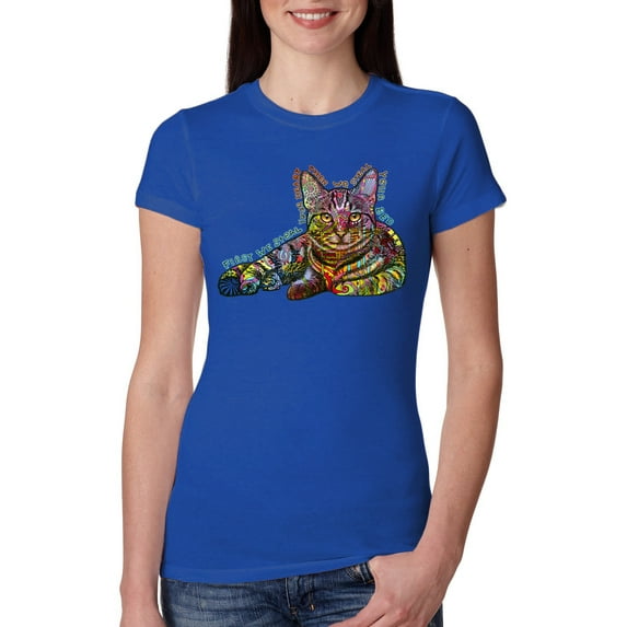 First We Still Your Heart Then Your Bed | Funny Neon Colorful Cat | Dean Russo Art Animal Lover Womens Slim Fit Junior Tee, Royal, Medium
