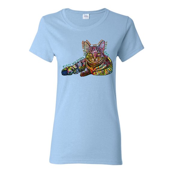 First We Still Your Heart Then Your Bed | Funny Neon Colorful Cat | Dean Russo Art Animal Lover Womens T-Shirt, Light Blue, Small