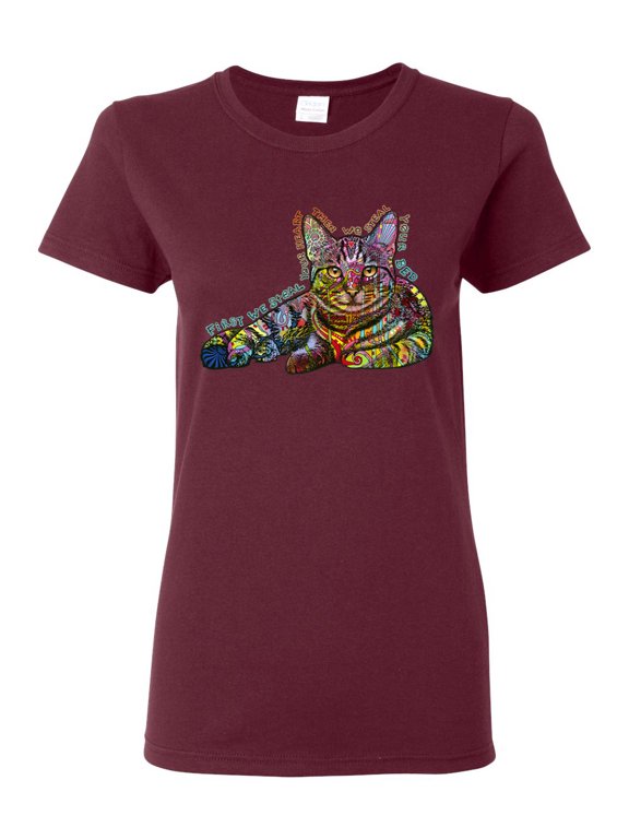 First We Still Your Heart Then Your Bed | Funny Neon Colorful Cat | Dean Russo Art Animal Lover Womens T-Shirt, Maroon, Medium