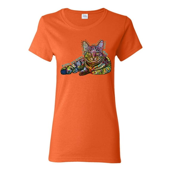First We Still Your Heart Then Your Bed | Funny Neon Colorful Cat | Dean Russo Art Animal Lover Womens T-Shirt, Orange, Large
