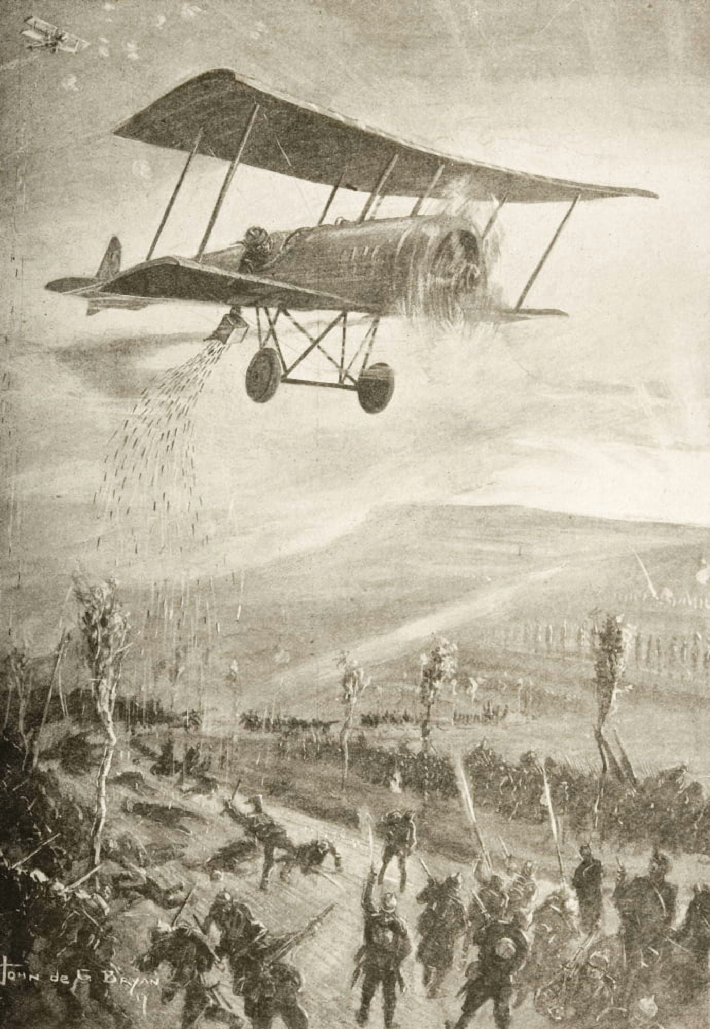 First World War Terror Weapon Biplane Dropping Steel Arrows Onto Troops Drawn By John De G Bryan Canvas Art - Ken Welsh Design Pics (11 x 17)