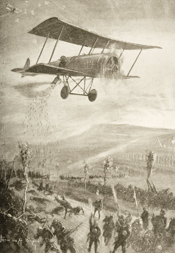 First World War Terror Weapon Biplane Dropping Steel Arrows Onto Troops Drawn By John De G Bryan Canvas Art - Ken Welsh Design Pics (22 x 34)