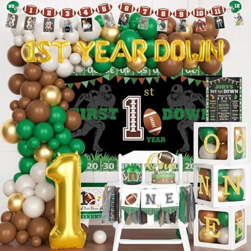 First Year Down 1st Birthday Decorations for Boy, Touchdown Themed Backdrop/Balloon Boxes/Crown – Football Party Supplies (Home Decor, Kitchen, & Other)