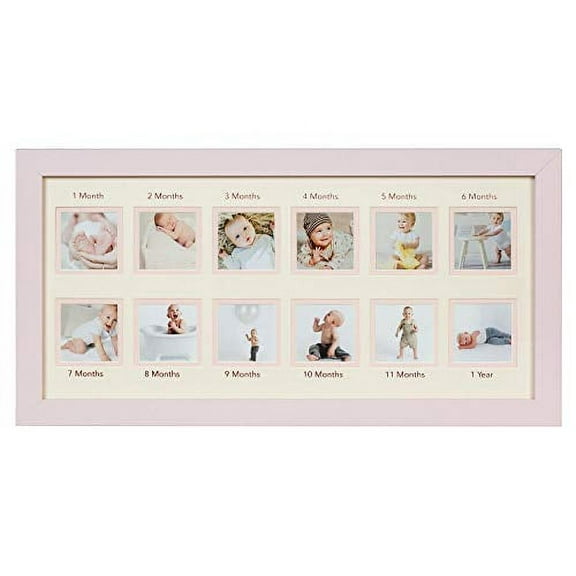 First Year Newborn Baby Collage Keepsake Picture Frame for Photo Memories with Double Beige Mat and Twelve 2.5x2.5 Slots - Pink