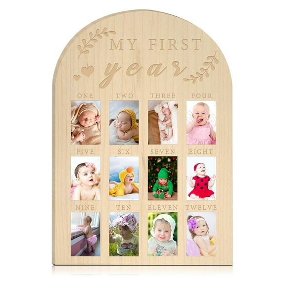 My First Year Photo Display Wood Board Baby's First Year Photo Frame Milestone Board 12 Months Baby Picture Frame 1st Birthday Nursery Decorations for Boy Girl Baby Keepsake Gift for Mom