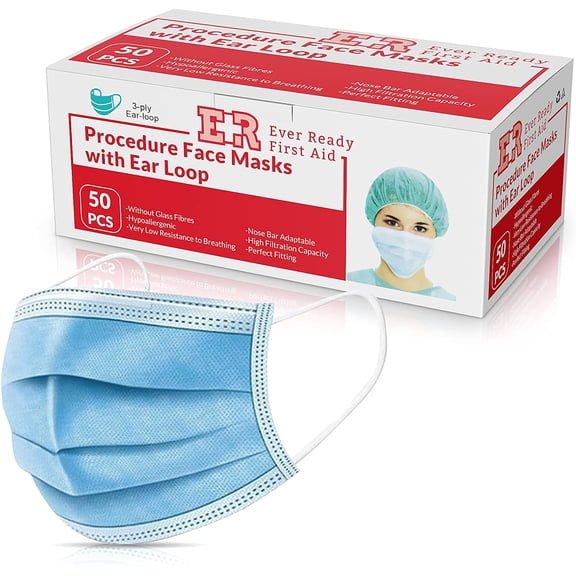 First aid 3-layer disposable face masks, earloop breathing particle masks, universal 50 count