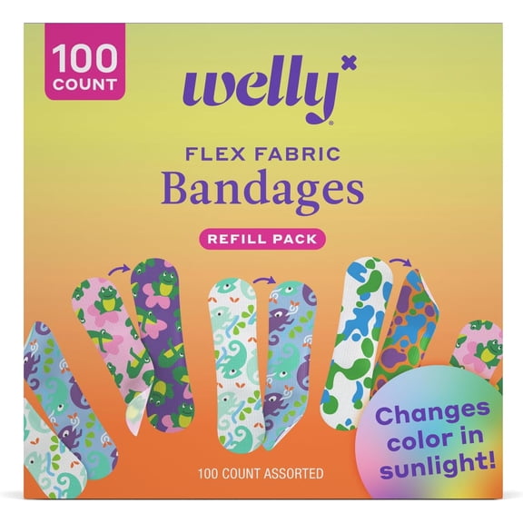 First aid bandage color-changing refill pack | adhesive flexible fabric bandages | various shapes and patterns for minor cuts, abrasions, and wounds-100 piece set