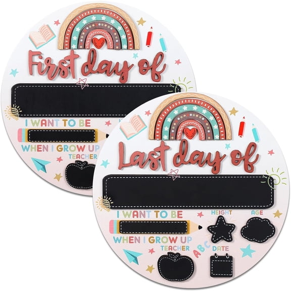 First and Last Day of School Board Sign Wooden to School Sign Double Sided Round Rainbow Erasable Boho 1st Day of Board Chalkboard for Primary