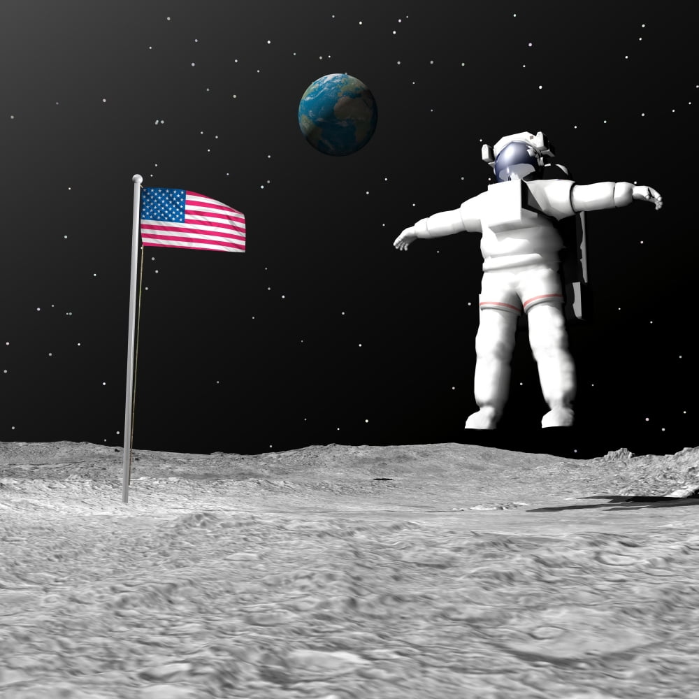 First astronaut on the moon floating next to American flag Canvas Art - Elena DuvernayStocktrek Images (29 x 29)