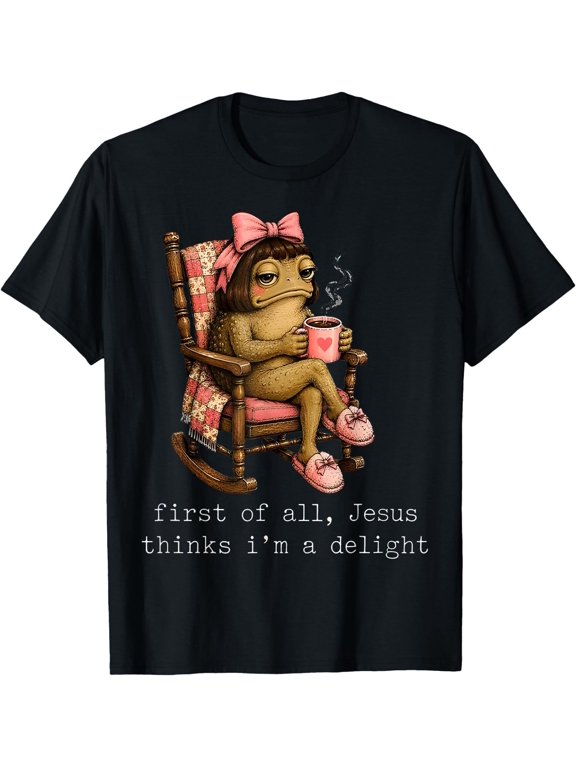 First of All Jesus Thinks I'm A Delight Frog with Pink Bow T-Shirt