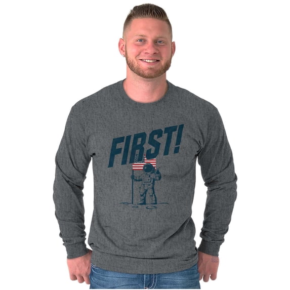 First on the Moon USA Flag Astronaut Long Sleeve TShirt Men Women Brisco Brands S