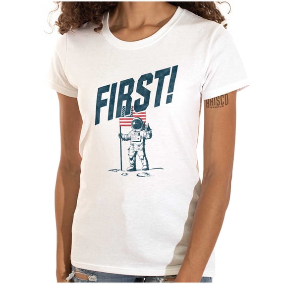 First on the Moon USA Flag Astronaut Womens Slim Fit Graphic Tee Brisco Brands X
