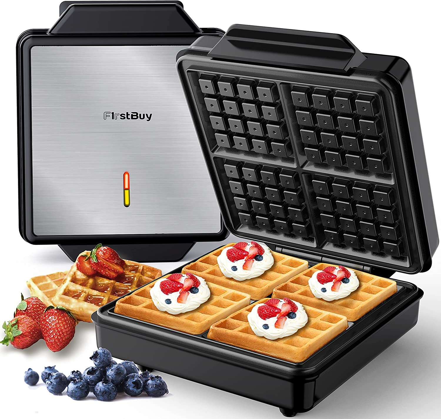 GCP Products Waffle Maker Nonstick Belgian Waffle Iron With Indicator Light  1300W 4 Slice