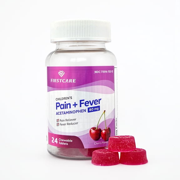 FirstCare Childrens Pain Reliever & Fever Reducer Chewable Tablets, Easy-to-Take Acetaminophen 80 mg for Kids Ages 211, Fast Relief for Fever, Headache & Cold Symptoms, Cherry Flavor, 24 Count