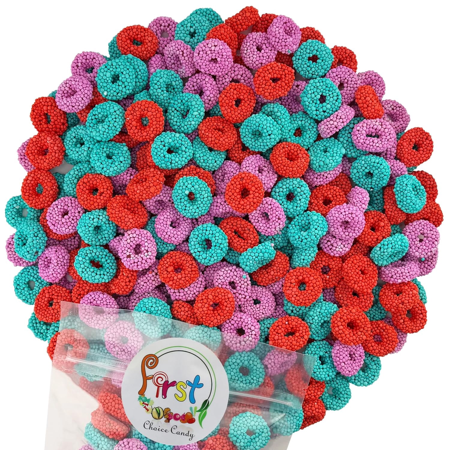 Assorted Fruit Flavored Candy Rings - 1 Lb Bag, Crunchy Coated Gummy, Tropical Punch Grape Cherry, Resealable