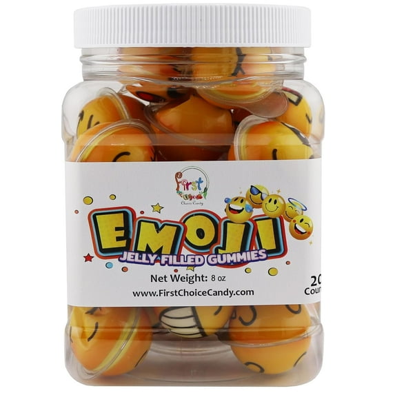 FirstChoiceCandy Jelly Filled Gummies - Assorted Flavor Gummy Filled Candies - Filled With Fruit Jams - 20 Pieces In Resealable Jar (Emoji)