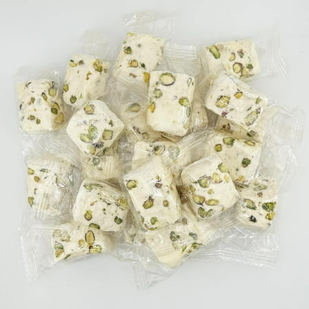 FirstChoiceCandy Soft White Nougat Candy, Individually Wrapped Pistachio Nougat, Divinity Candy - Nougat Candy with pistachios (1 Pound)