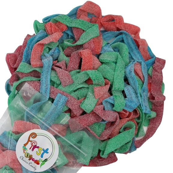 FirstChoiceCandy Sour Assorted Flavor Gummy Candy Belts ,  long, Flat, chewy  four Flavor Strawberry  Blue Raspberry Wild Cherry and green apple Belts  - 6.6  Pound
